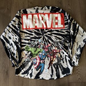 Marvel Avengers Shirt Men’s Size L Black White Tie Dye Disney Spirit Jersey